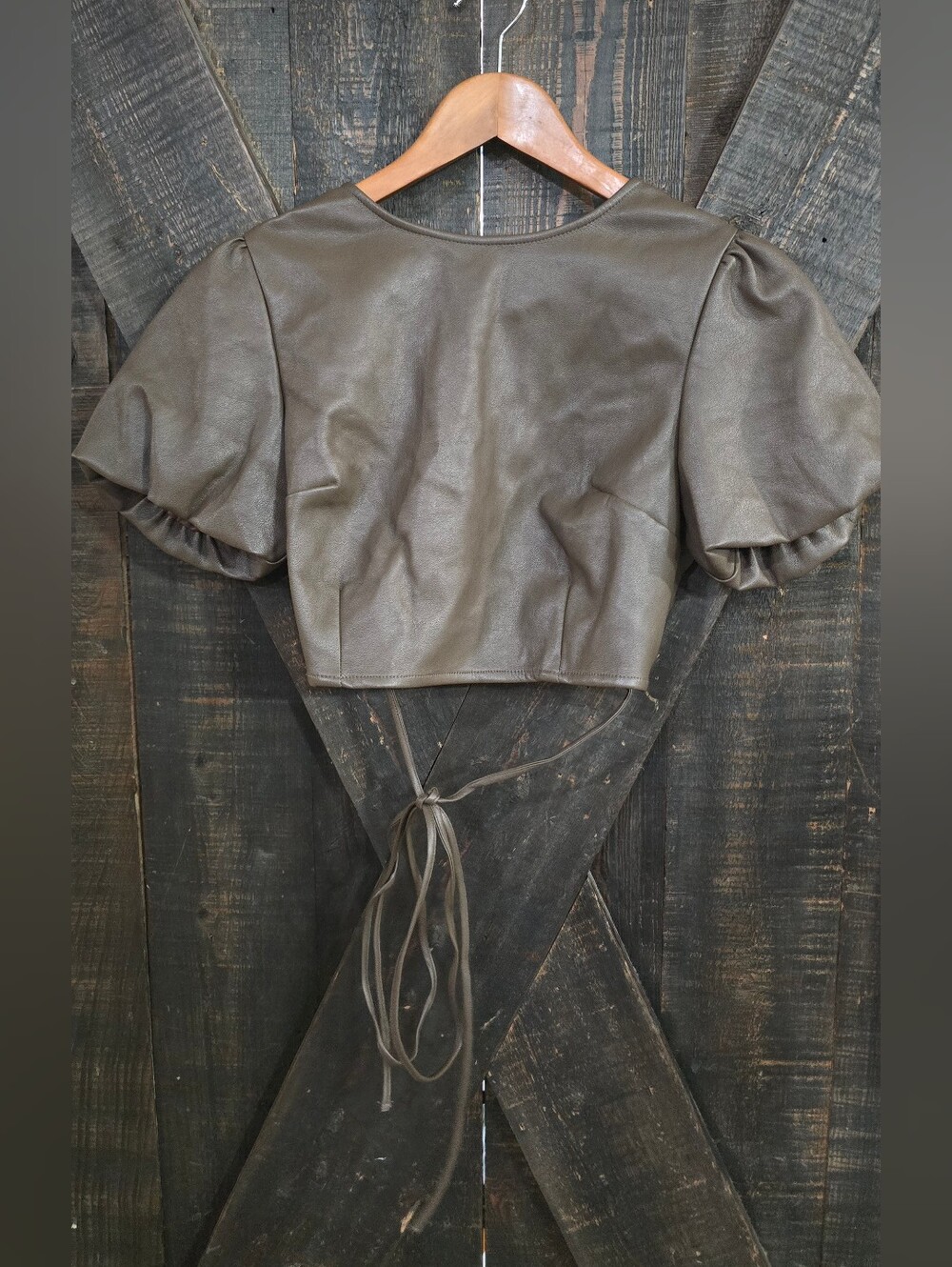 Kirious Puff Sleeve Faux Leather Crop Top in Brown Size Small